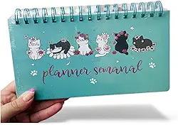 Planner Semanal com Espiral, Tema de Gatinhos Fofos, Fundo Verde Água, A5 21x15cm, Ideal para Organização Diária e TDAH