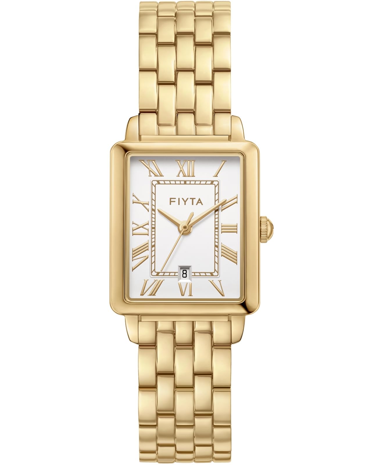 Women's Premium 3-H Date Quartz Watch, Petite Rectangle Case, Elegant Gold Stainless Stee…