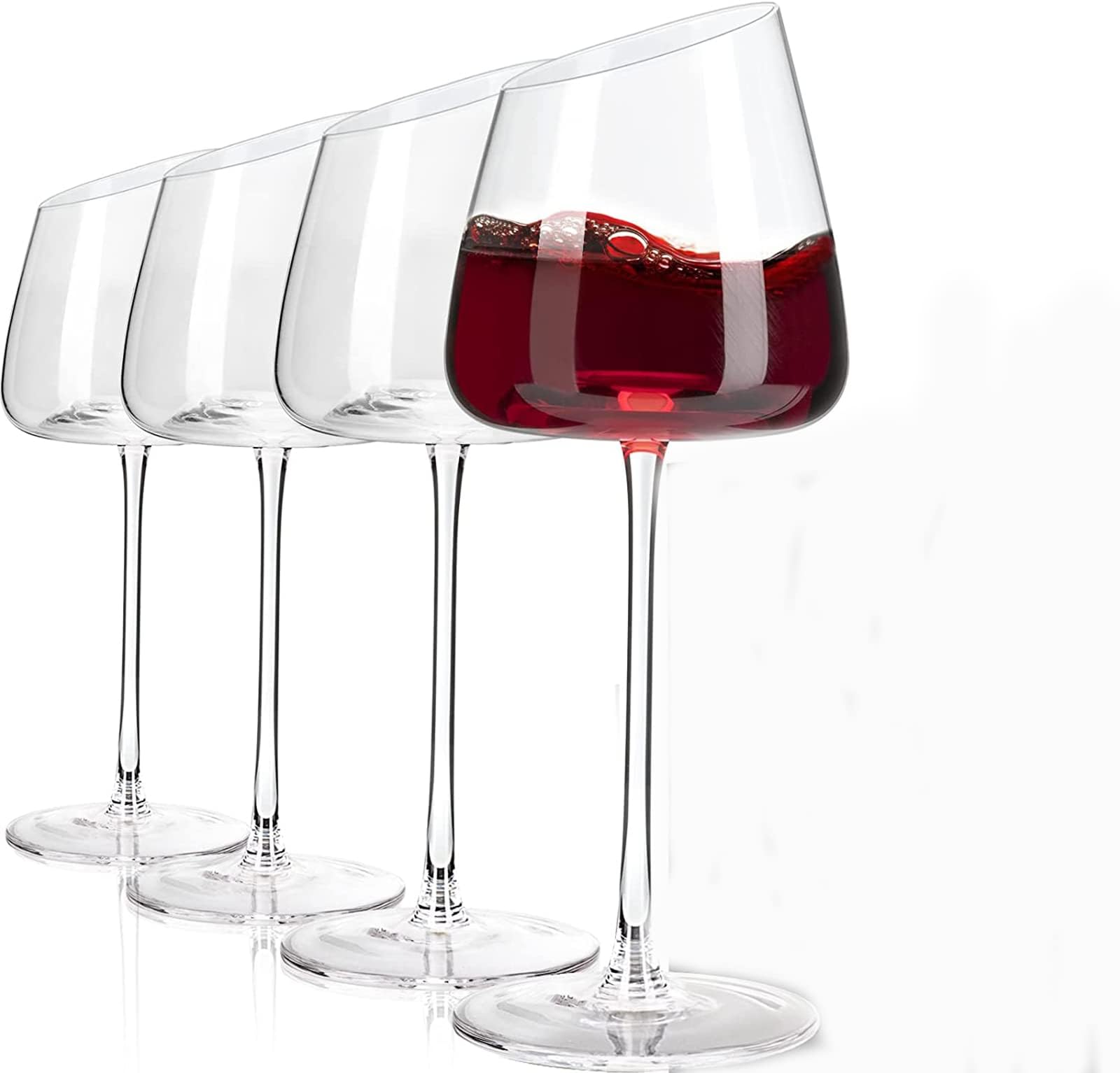 jaffiustModern Slanted Red Wine Glasses Set of 4. Elegant Hand-Blown Long Stem Wine glasses with Unique Concave Base, Premium Crystal Glassware,for Wedding,Wine Tasting, Anniversary,and Christmas