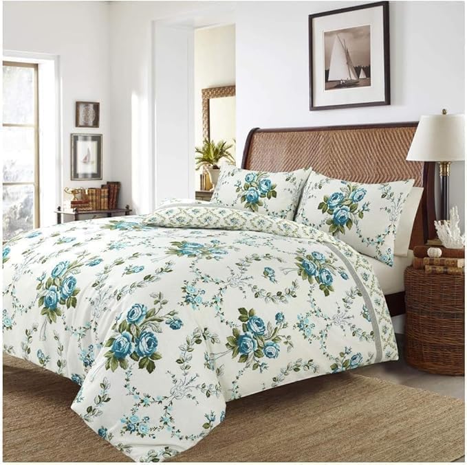 Olivia Floral Flannel Duvet Cover Sets 100% Brushed Cotton Reversible Quilt Cover With Matching Pillow Case Flannelette Bed Set (Teal, Single 135 x 200 cm)