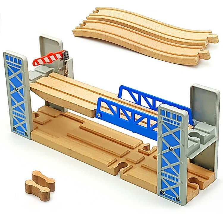 Lift Bridge Wooden Crane Toy Set with Train Cars - Compatible with Major Wooden Rail Brands - Ages 3-5