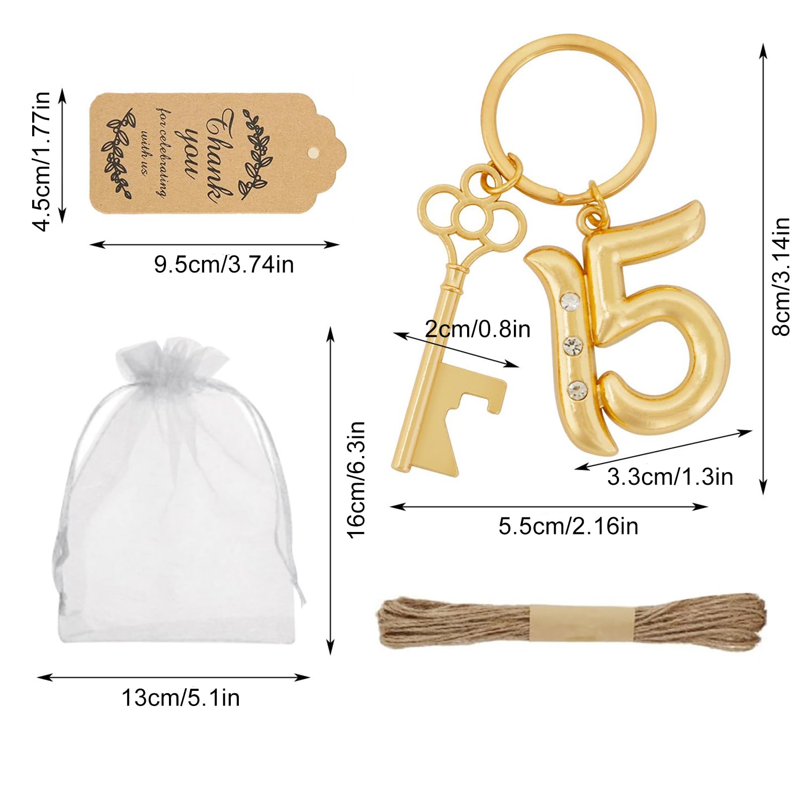 POYHKFD 36 portachiavi apribottiglie, bomboniere, apribottiglie, regalo per feste, a forma di numero 15, portachiavi con logo e scritta in inglese "Escort", nastro per feste e matrimoni (#2)