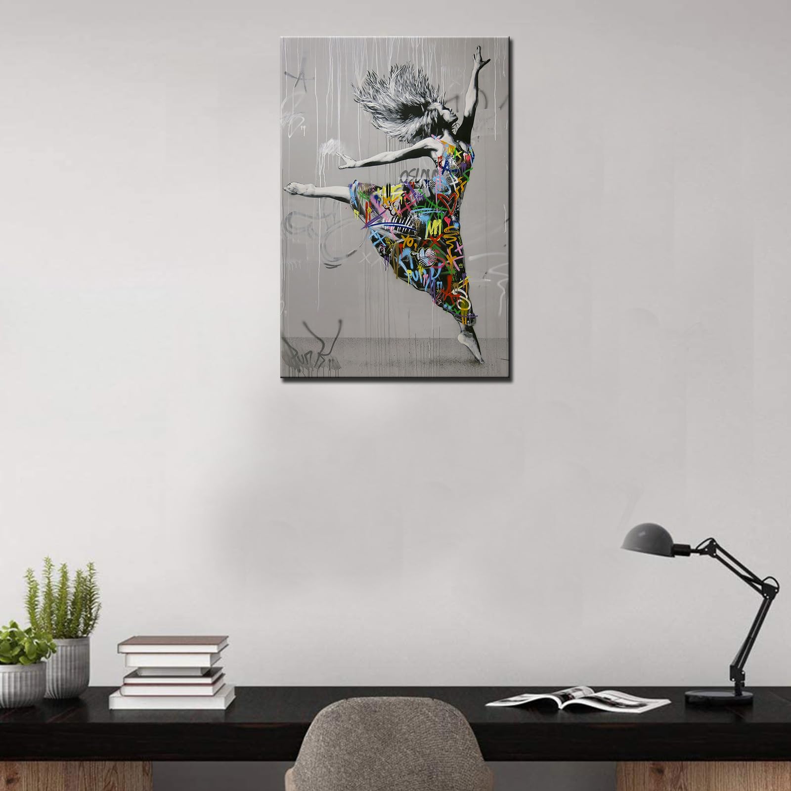 Graffiti Street Wall Art Banksy Art Paintings Dancing Girl Pictures Artwork for Living Room 1 Panels Red Print on Canvas House Decor Framed Gallery-Wrapped Ready to Hang(16''W x 24''H) - Image 3