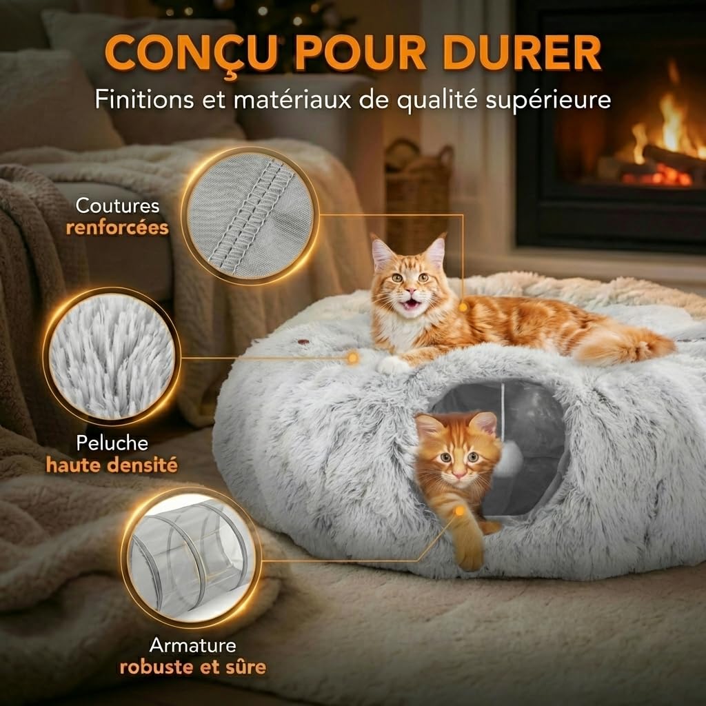 One PETS-TOP Tunnel Chat Rond XXL en Peluche Douce – Lit Tunnel Cachette Confort – Cabane Intérieure pour Chat – Cat Tunnel (Gris Perle)