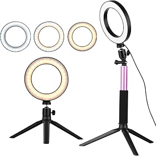 LED Ring Light 6 Inch LED Ring Light Dimmable 3 Lighting Modes USB Powered With Telescopic Stand Tripod Ballhead for Live Stream Makeup (Pink,6 Inch)