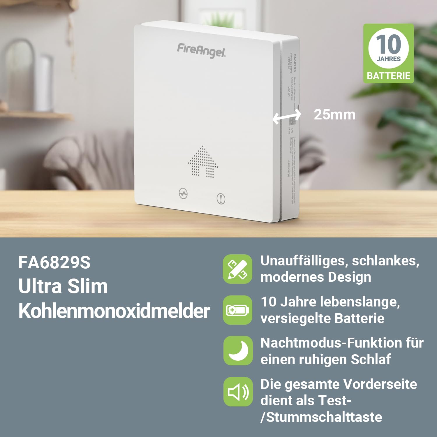 FireAngel FA6829S Ultra Slim Kohlenmonoxidmelder 10 Jahres Batterie - CO-Melder für Zuhause, Urlaub, Wohnwagen, Camper - CO-Warner - Weiß
