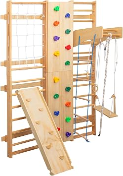 10-in-1 Swedish Ladder Wall Gym & Climber, Wooden Wall-Mounted Indoor Climbing Set with Climbing Wall, Swings, Rings, Rope Ladders, Stretching Equipment for Home Indoor Playground