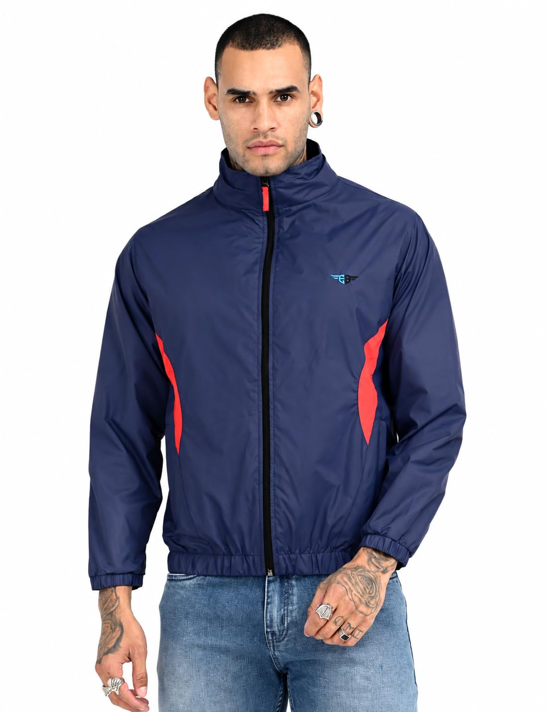 Men's Red Polyester Windcheater Jacket with High Neck-picture-10