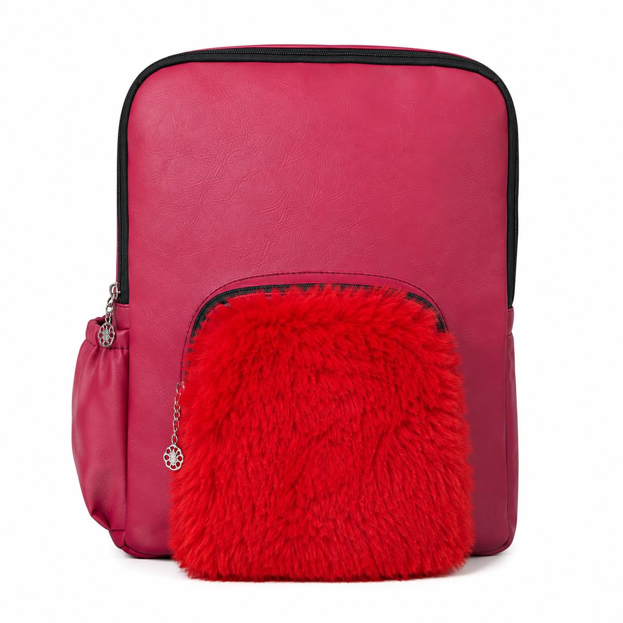 chandre Faux Leather Backpack with Red Fluffy Front Pocket, Wine Red Color-picture-45
