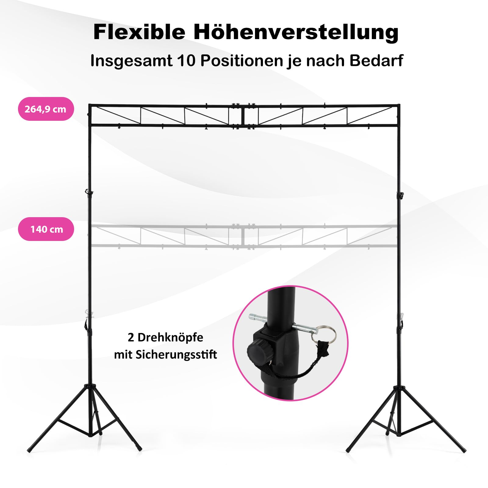 HOMASIS 360 cm Beleuchtungsstativ, DJ-Lichtstativ aus Metall, DJ Licht Stativ höhenverstellbar 140-265cm, Lichtbrücke mit 2 abnehmbaren faltbaren Ständern, Lampenstativ für Bühne, Partys & Konzerte