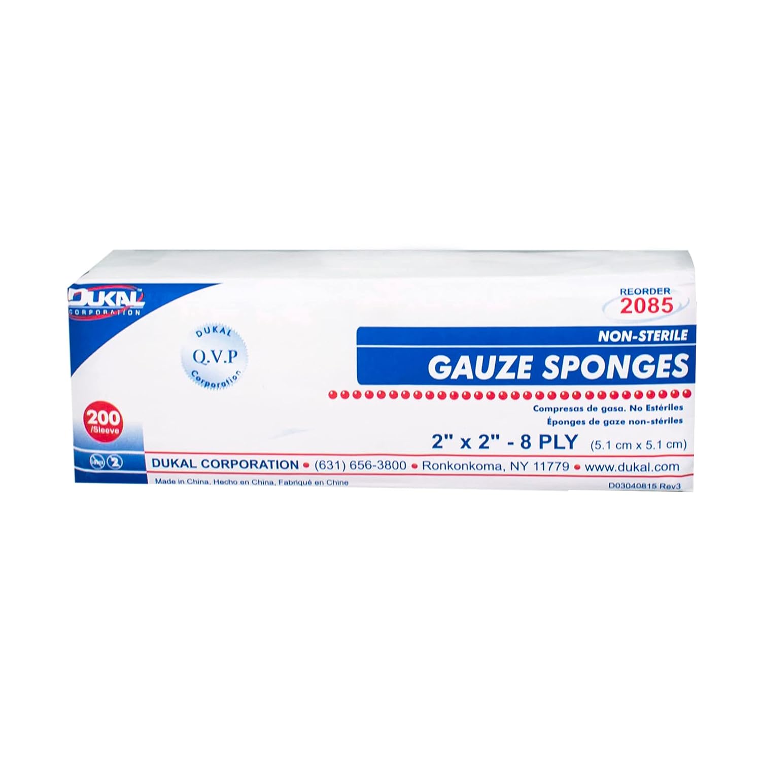 Dukal Gauze Sponge, 8-Ply, Non Sterile, 2" x 2", White (Pack of 5000)