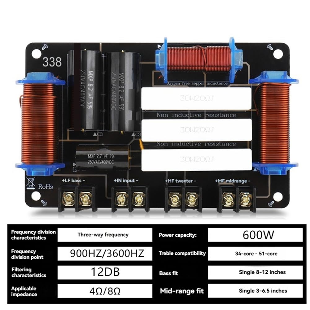 pour Haut-Parleur 3 Voies de 8 Pouces, 10 Pouces et 12 Pouces, 1 Tweeter, 1 Médium, 1 Haut-Parleur de Basse, Filtre Passe-Bas 600W 4Ohm/8Ohm.
