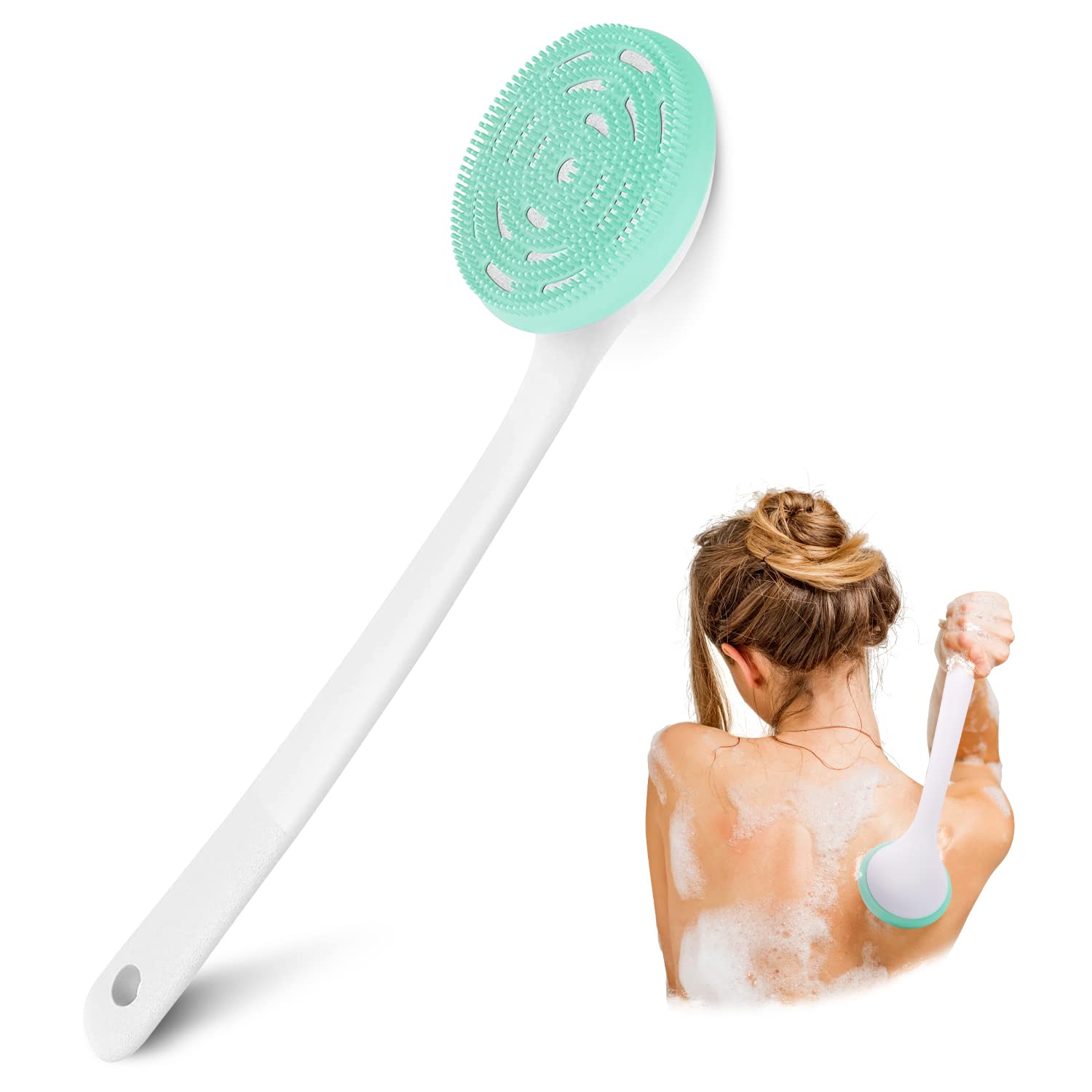 PINGKO Back Scrubber for Shower, Silicone Massage Body Wash Brush, Handheld Body Brush, Exfoliator Shower, Premium Food Grade Silicone, Soft Gentle Bristles, Non-Slip Handle (Green-New)