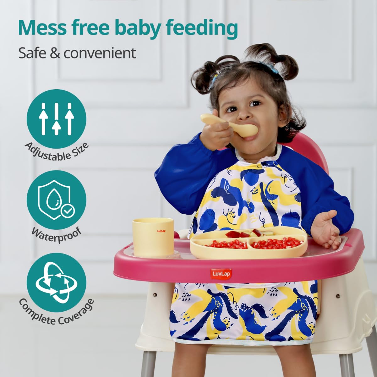 LuvLap Long Sleeve Baby Bib Cum Apron, Full Sleeve, Toddler's Leak-Free Baby Bib with Sleeves, Washable/Lightweight/Wipe able, Baby Feeding Essential, 6-24 Months, Bib Shirt with Pocket, Blue - Image 2 thumbnail