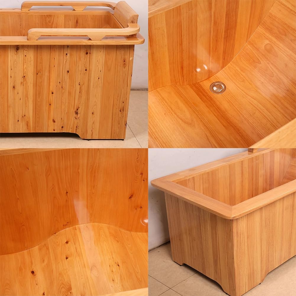 Vasca da Bagno Rettangolare in Legno, Vasca da Bagno Profonda in Legno Massello, Vasca da Bagno Antiscivolo con Panca Esterna, Cucchiaio di Legno, Vasca da Bagno Orientale,Flat Bottom 130cm