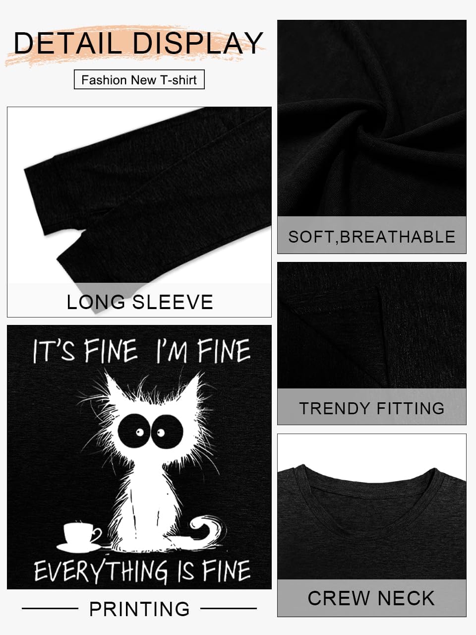 Womens Funny Saying I'm Fine Everything is Fine Sweatshirt Humor Graphic Tee Casual Loose Long Sleeve Cute Cat Tops - Image 4