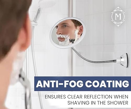 Miniatura 5 de MIRRORVANA Espejo de ducha redondo flexible sin niebla para afeitarse con extensión de cuello de cisne ajustable en altura, giro de 360° y ventosa