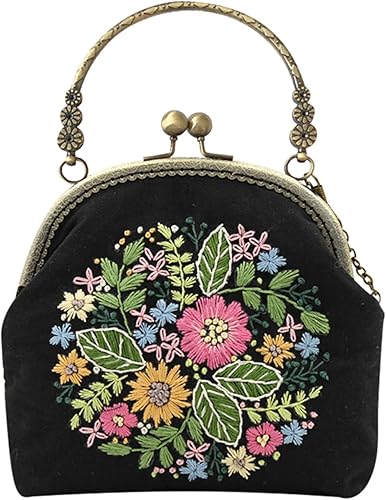 Miniatura 6 de Patrón de flores bordadas de bricolaje, bolsa cruzada, kits de principiantes para adultos, cartera de bricolaje, monedero, bolso, 6.5 in (motivo de