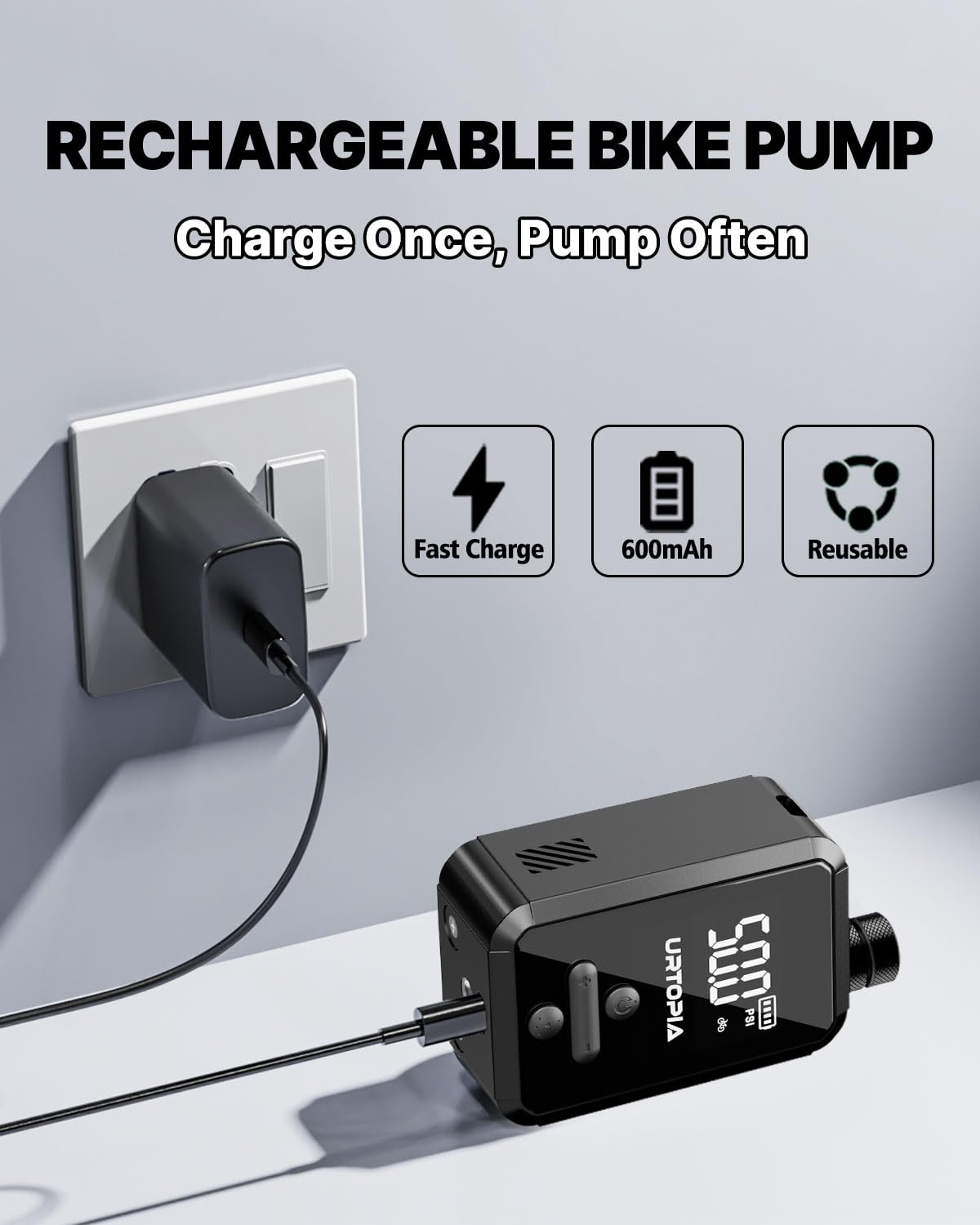 URTOPIA Bomba eléctrica para bicicleta, bomba de aire de inflado rápido con manómetro, hasta 150 PSI, disipación eficiente del calor, recargable, con luz LED brillante, bomba de bicicleta portátil