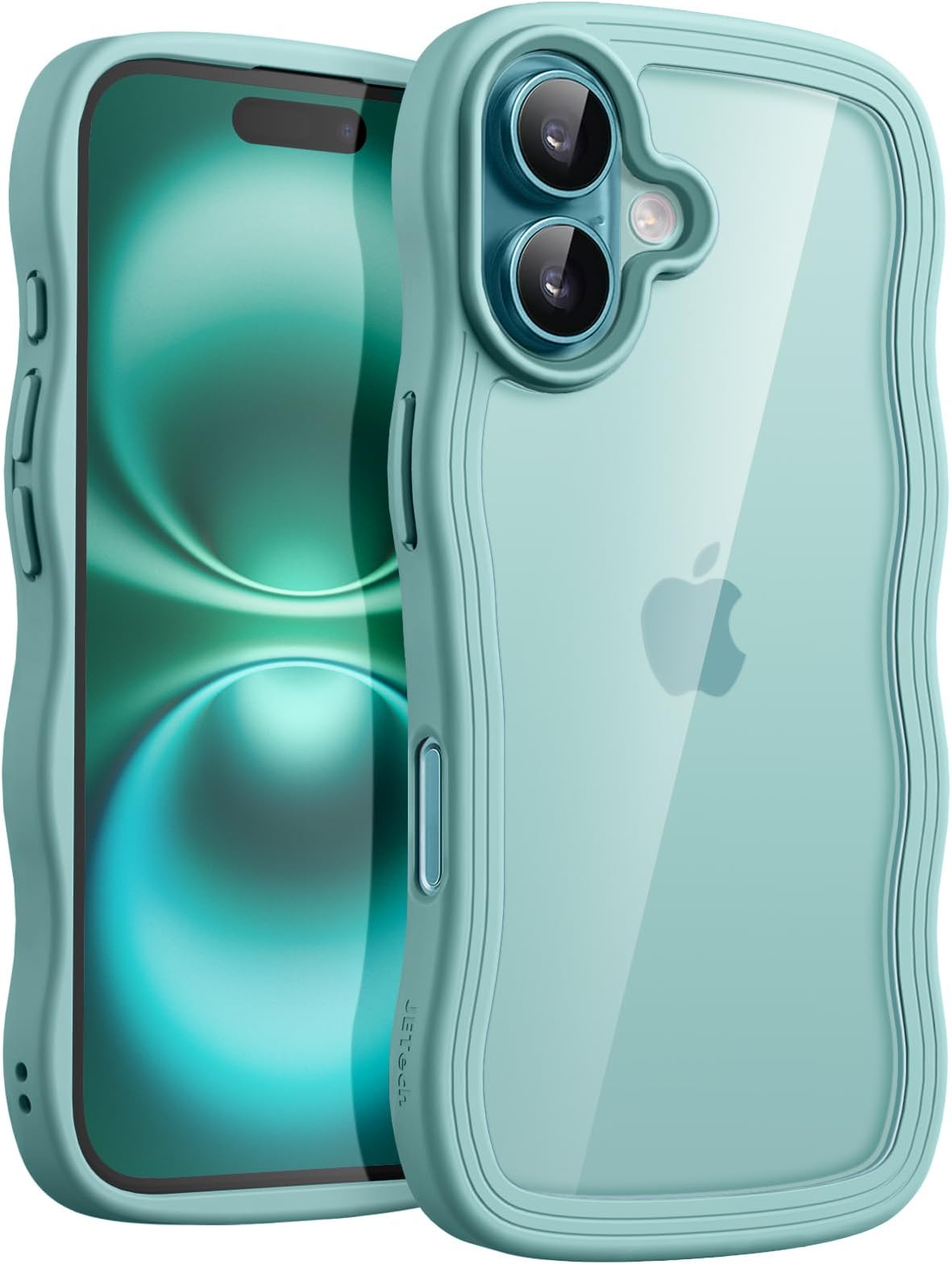 JETech Wavy Case for iPhone 16 6.1-Inch, Cute Wave Frame Curly Shape Shockproof Phone Cover for Women and Girls, Clear Hard PC Back (Teal)