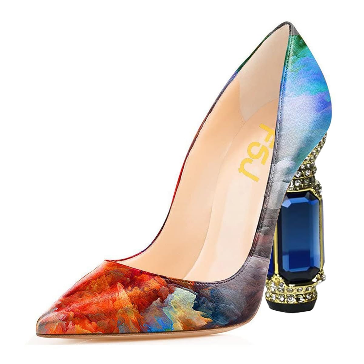 FSJ Women Bridal Pointed Toe Chunky High Heel Crystal Pumps Slip on Wedding Thick Comfort Unique Shoes Size 4-15 US