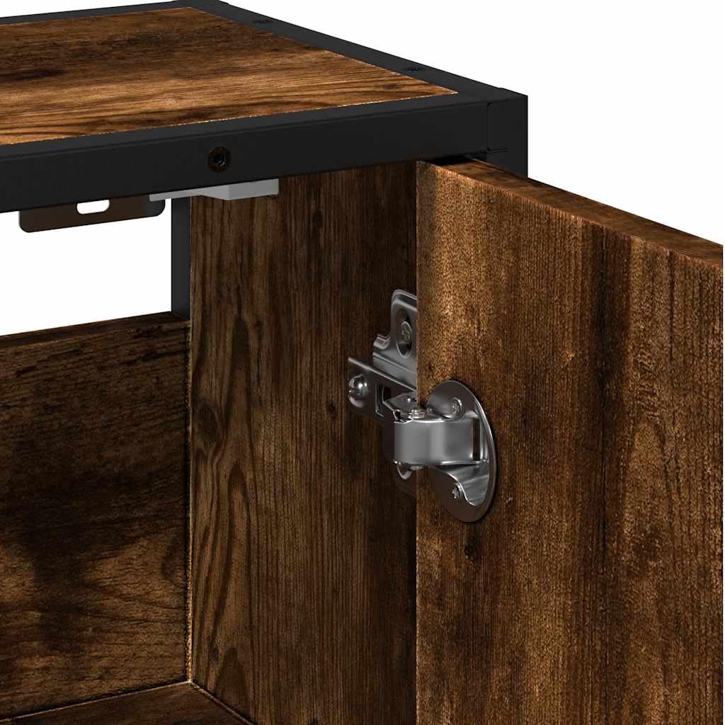 Bad-Spiegelschrank Räuchereiche Holzwerkstoff mit Metallgestell 65x20x60 cm Wandmontage Badezimmer Stauraum Schrank Spiegel für Makeup und Rasur langlebig stabil