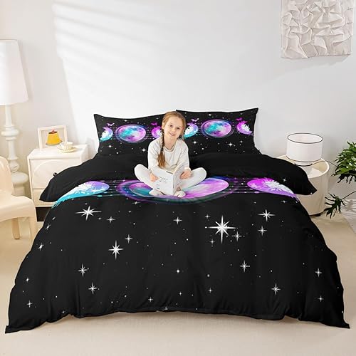 Erosebridal Juego de ropa de cama bohemio con luna completa y estrellas, funda de edredón de flores de rosa azul para niñas, funda de edredón de