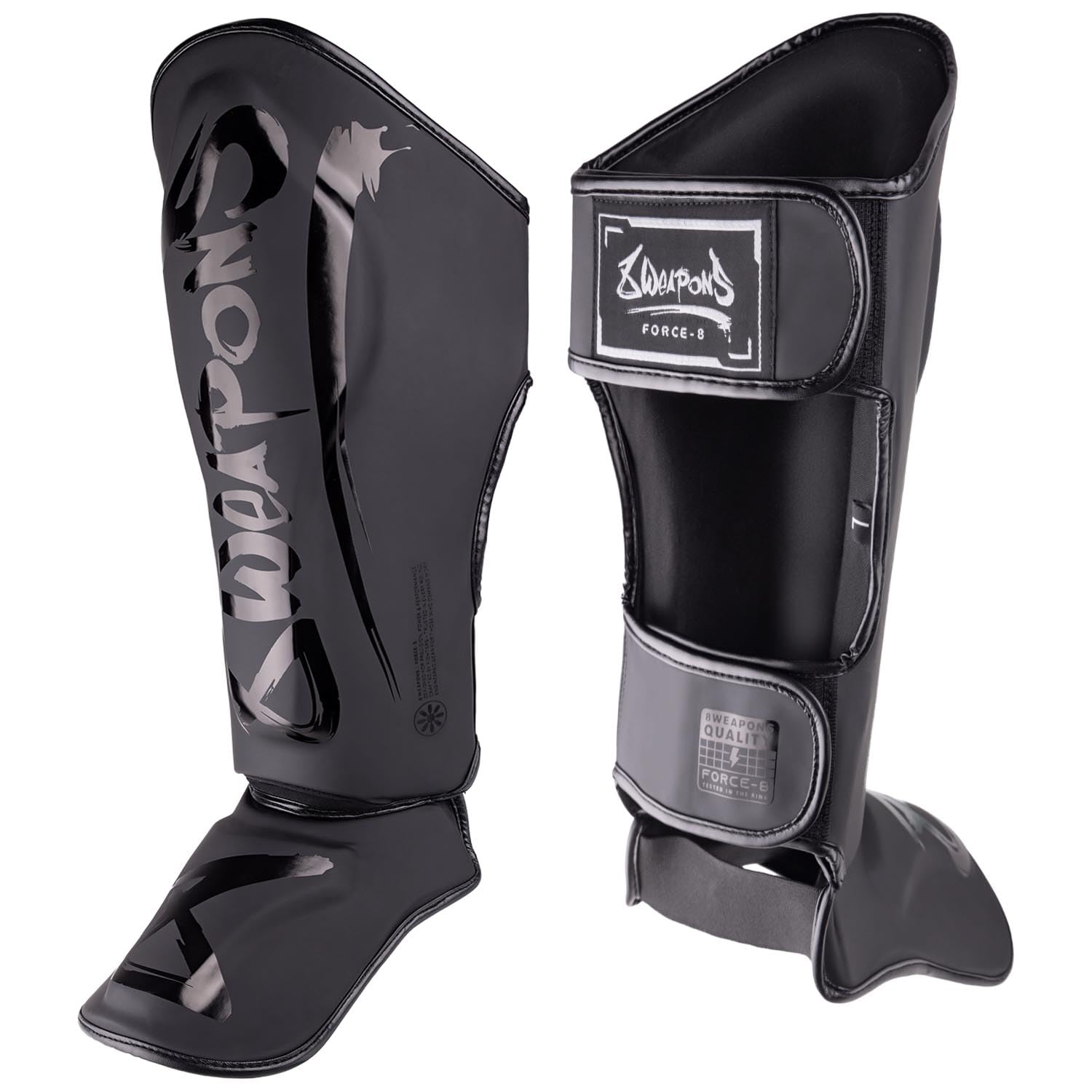 8 WEAPONS Schienbeinschoner Force 8, Schwarz-matt, Training, Sparring & Wettkampf, Hochwertiges Kunstleder und perfekte Dämpfung, Muay Thai, K1, MMA, Karate & Kickboxen