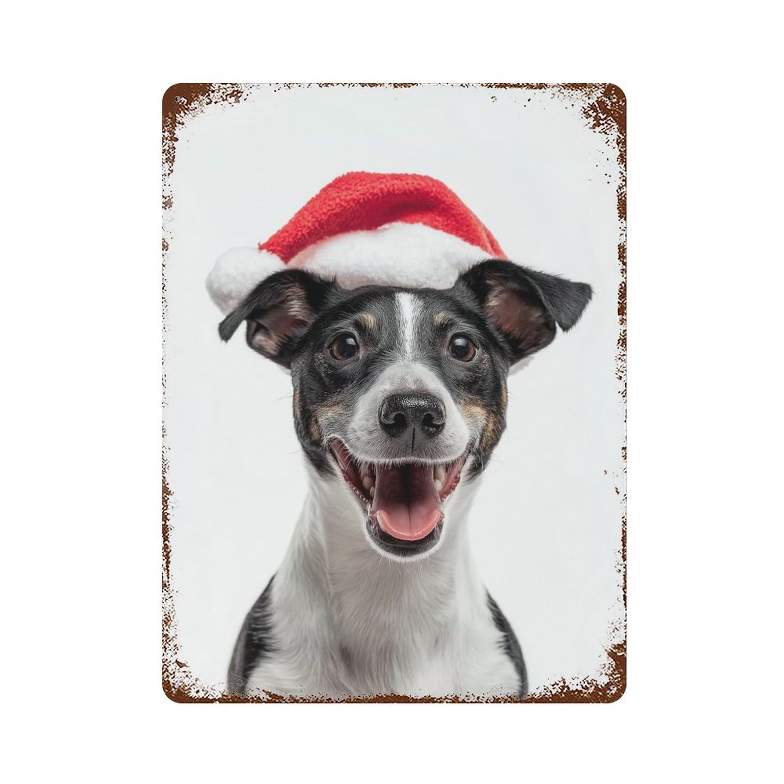 Smooth Fox Terrier Dog with Santa Hat Portrait Rustic Tin Plaque 15.7"x11.8", Ideal for Shed, Workshop And Garage Wall Decor