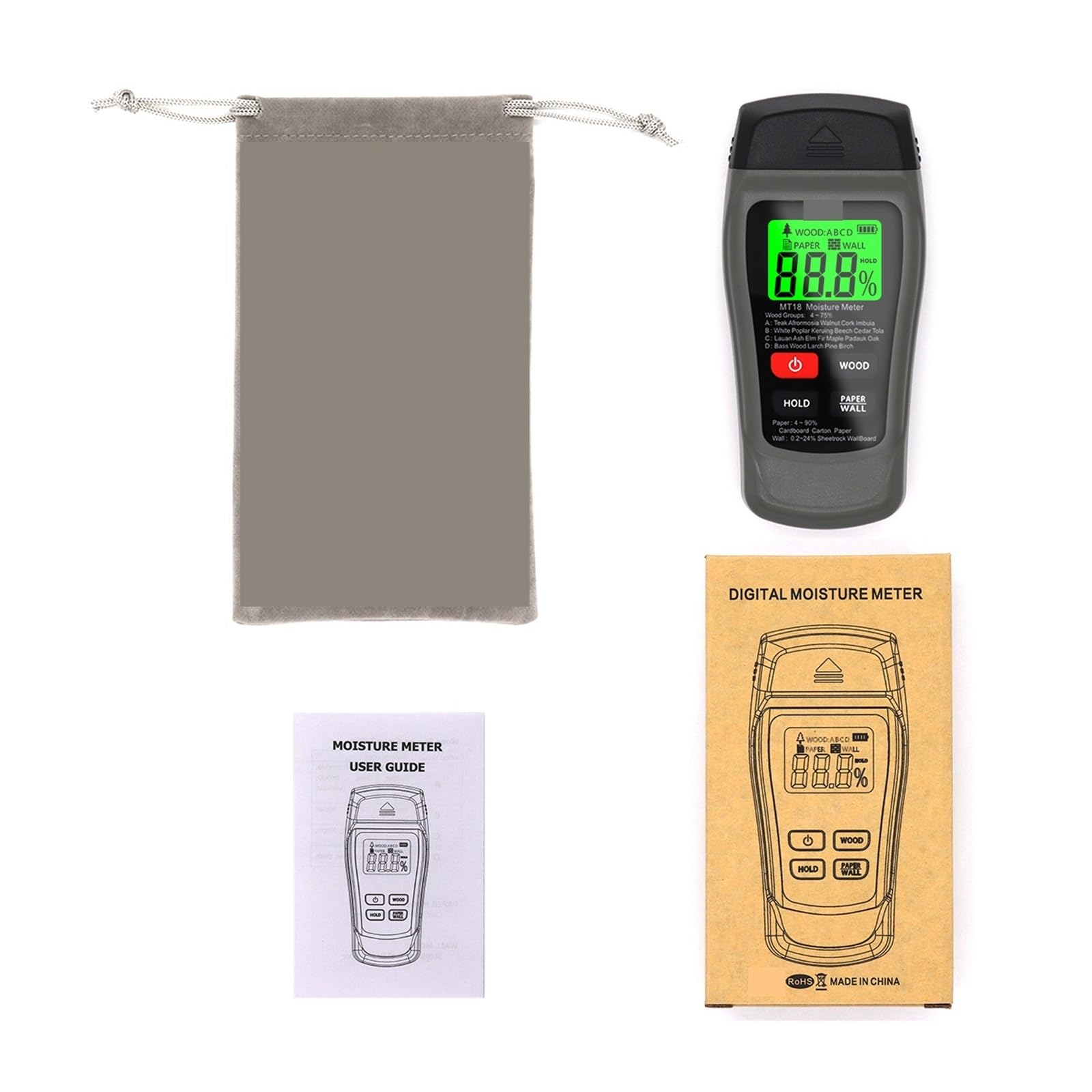 Grigio 0-99,9% Misuratore Digitale Di Umidità Del Legno A Due Pin Tester A Carta Igrometro Da Parete Rilevatore Legname Semplice da usare