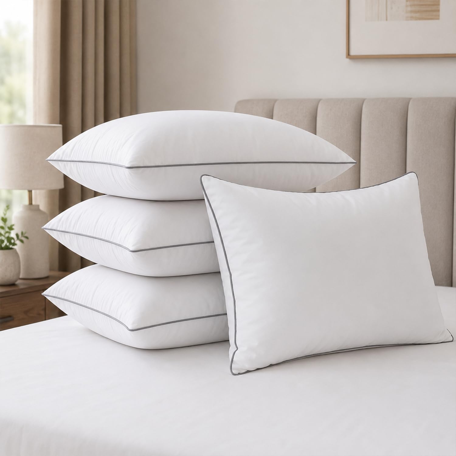 AYKA Ultimate Cotton Bed Pillow Set of 4 | 100% Virgin Microfiber Filling for Neck & Shoulder Support | 16x24” Breathable Hotel Quality Pillows | Never Flat, Anti-Bacterial | Supersoft