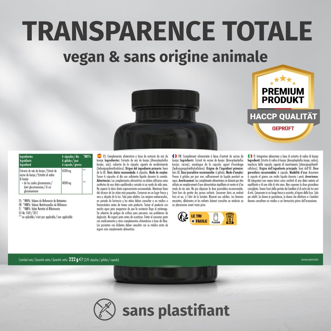 Glucomannane Gélules VEGAN – 4000 mg glucomannane par dose journalière – Extrait de konjac (4200 mg) – 270 gélules pour 45 jours – Sans additifs – Green Naturals®