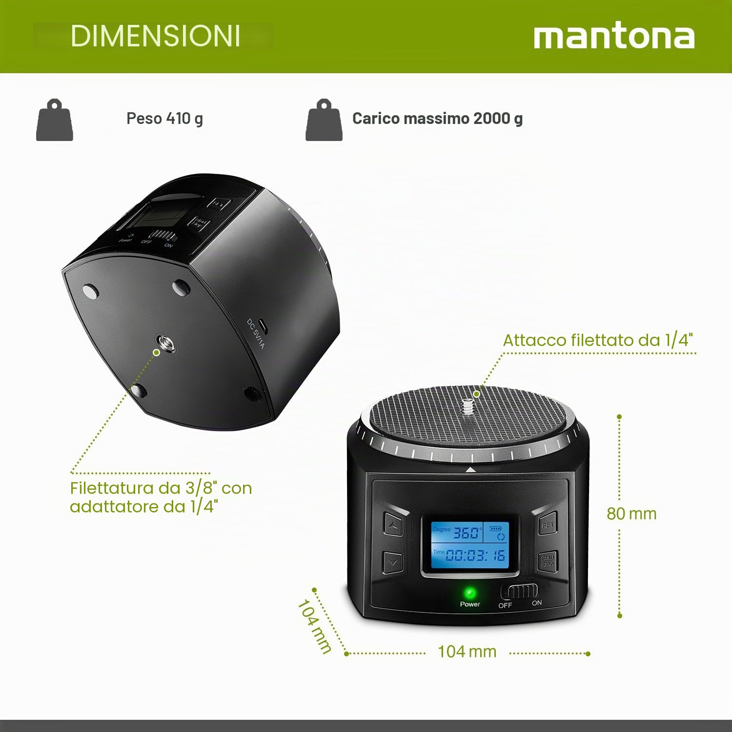 Mantona Testa panoramica motorizzata, riprese panoramiche a 360°, rotazione continua, utilizzabile con treppiedi fotografico, accessorio per fotocamere GoPro e smartphone