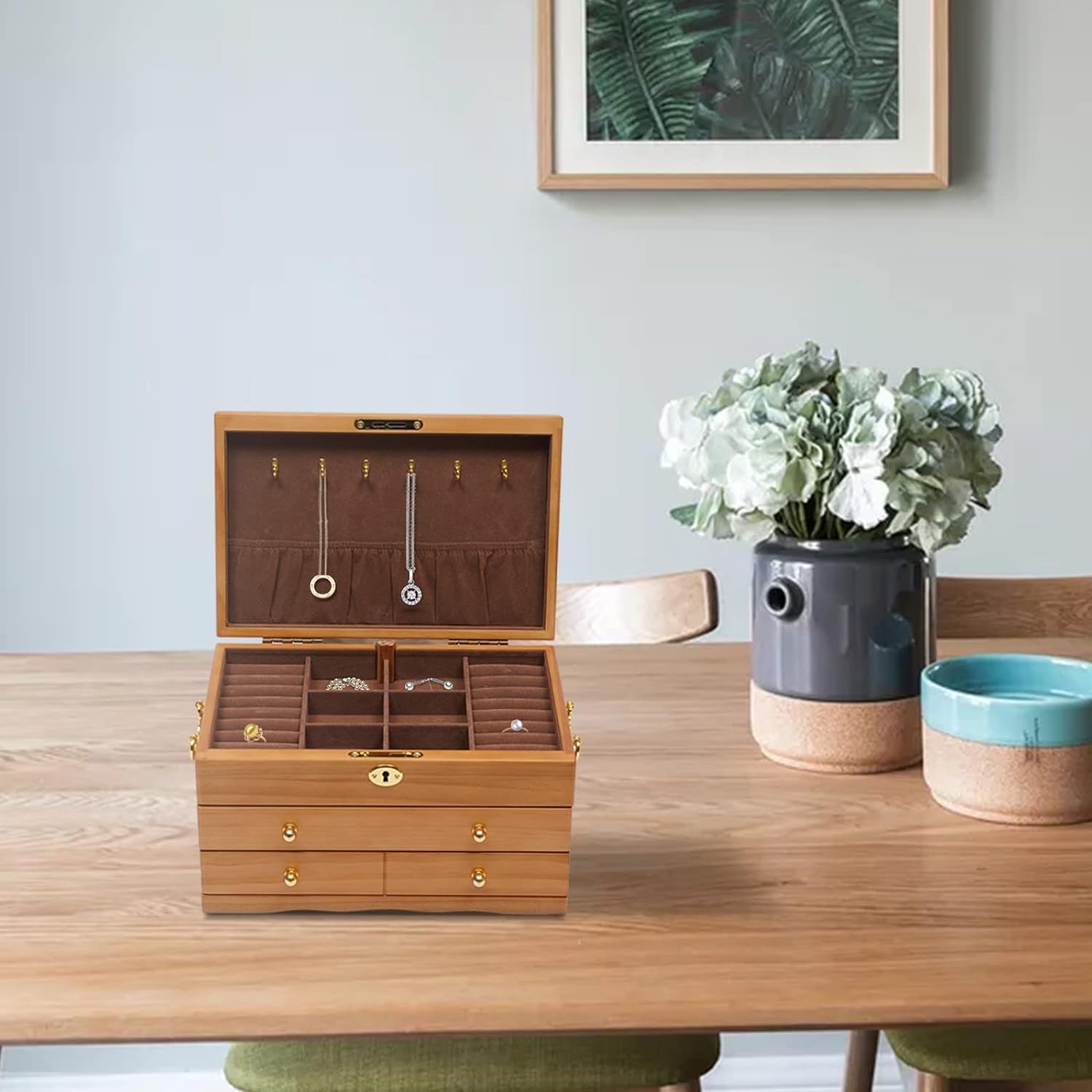 Portagioie a 3 livelli, terzo piano, anello regalo, 2 cassetti, con chiusura a chiave, in legno, per anelli, orecchini, collane, bracciali