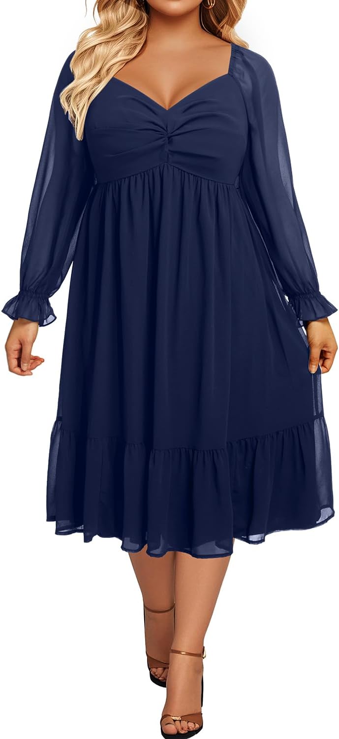 Plus Size Dresses Sweetheart Neckline Long Sleeves Chiffon Party Cocktail A Line Curvy Womens Midi Dress - Image 2