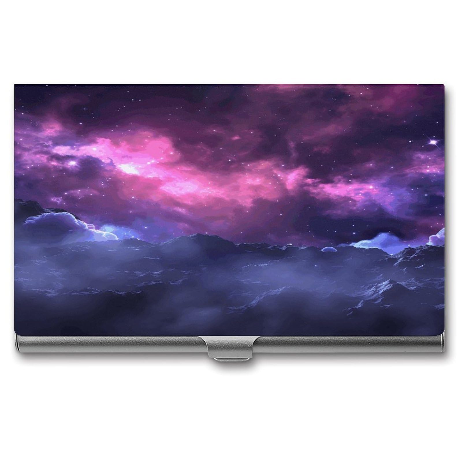 JTREHY Magic Galaxy Sky Purple Business Card Holder Slim Purse Name Card Holder Portable Metal Business Card Case Wallet Large Capacity Lightweight Business Card Case for Men Women
