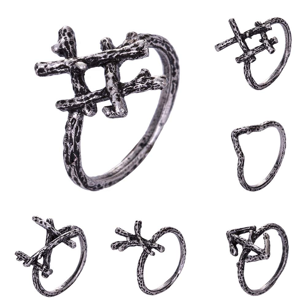QIANJIViking Futhark Rune Initial Ring Courage and Bravery Tiwaz Rune Gothic Branch Rings Antique 6PCS/Set