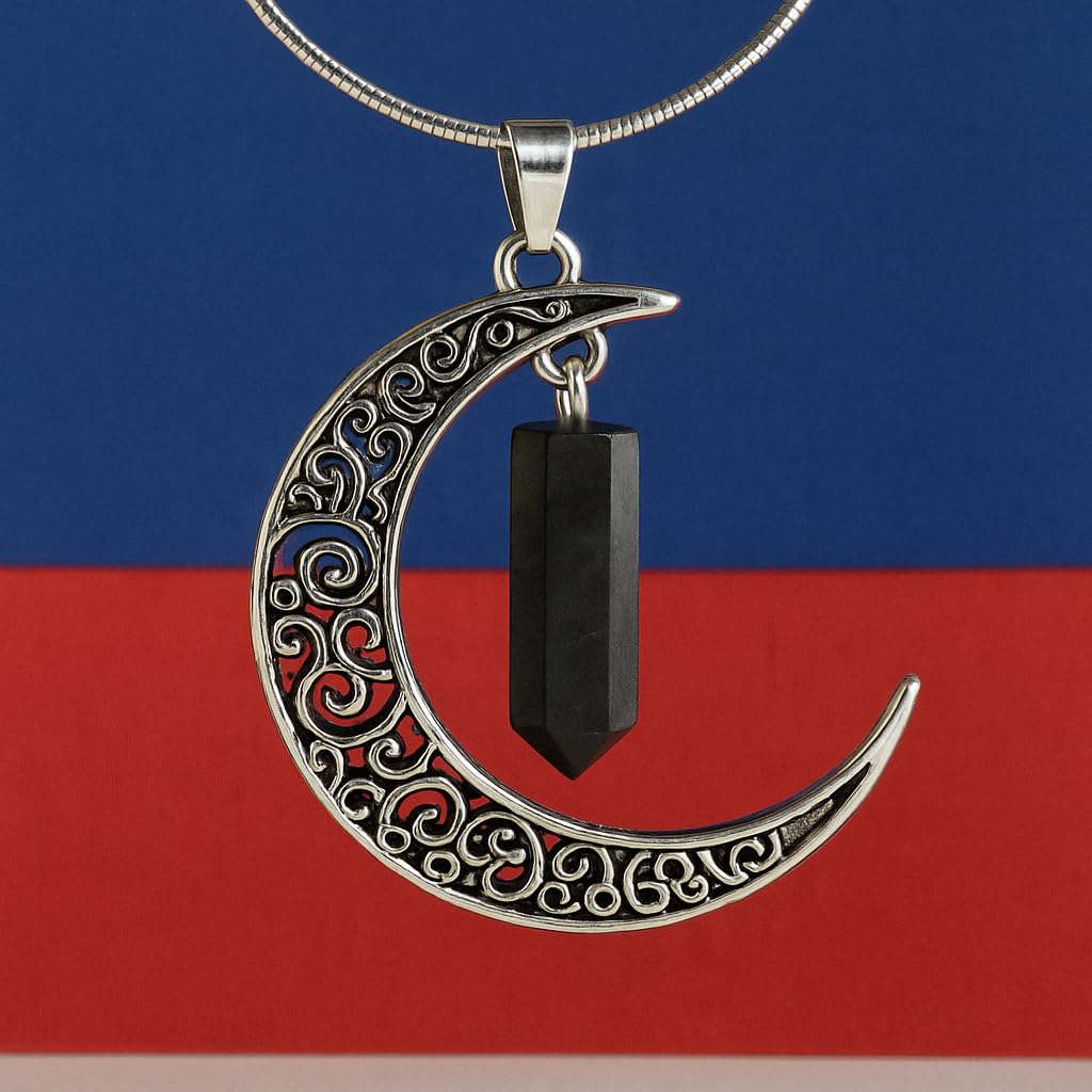 Colgante Luna con Shungit - Baño de Plata Minerales y Cristales, Belleza energética, Meditacion, Amuletos Espirituales