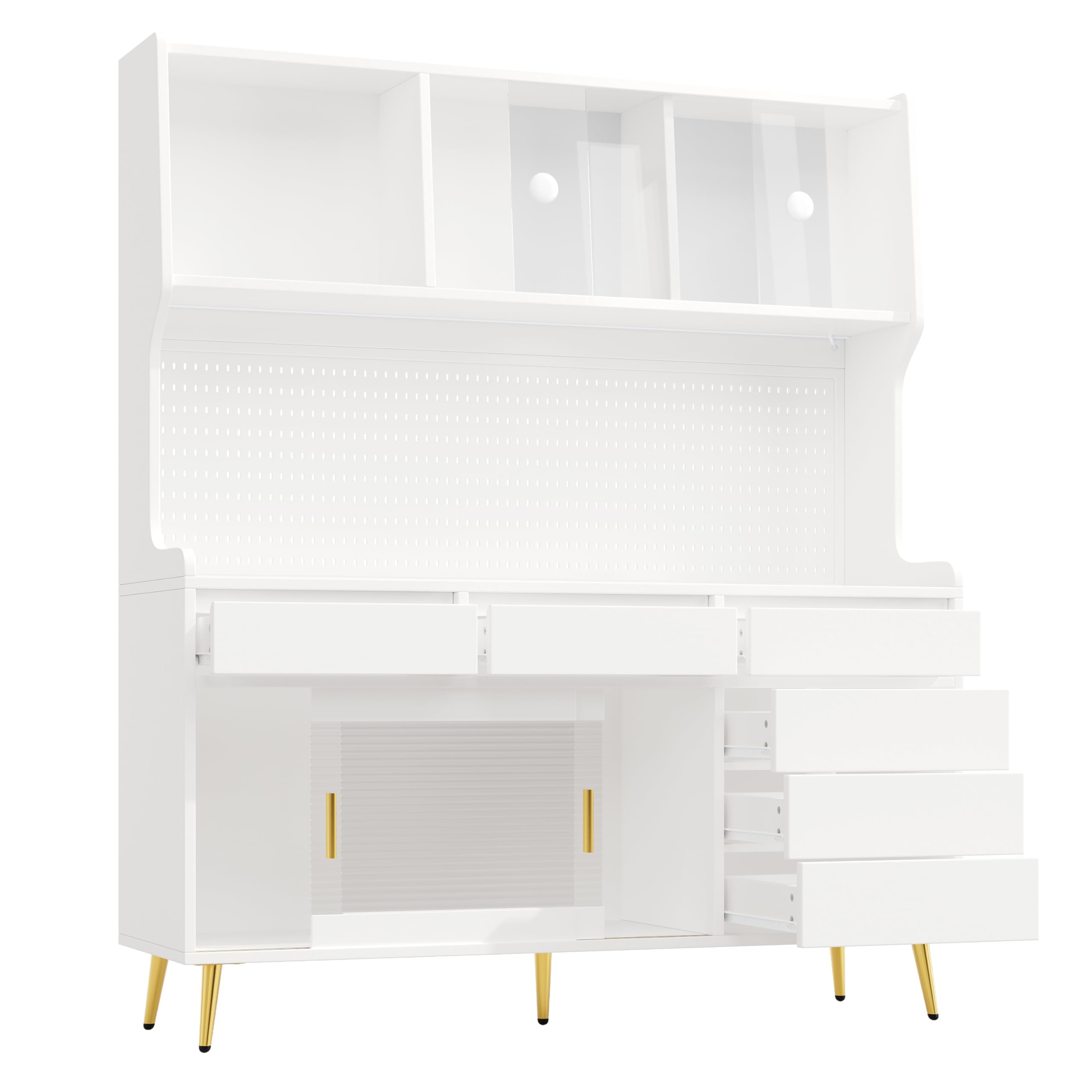 Mobile alto moderno, 145 x 39 x 171 cm, bianco, con armadio da cucina o armadio da sala da pranzo con cassetto, credenza con ripiano con parete forata