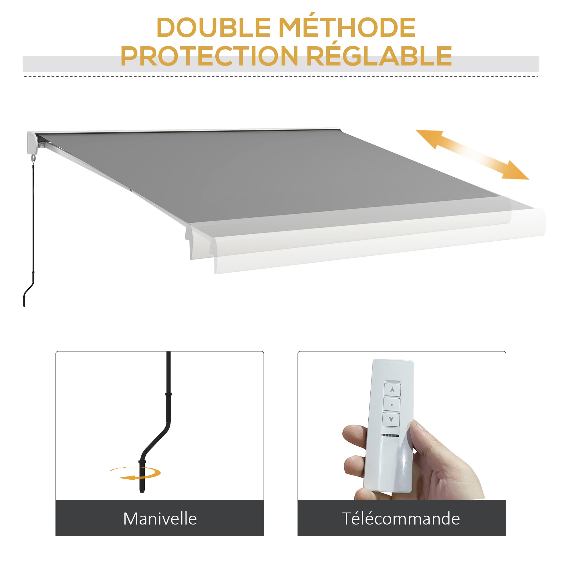 Outsunny Store Banne Motorisé Store Banne Électrique 4 x 3 m Gris Clair | Angle Réglable 14°-30°, avec Télécommande et Manivelle Manuelle, en Aluminium et Polyester de 270g/m² Protection Solaire