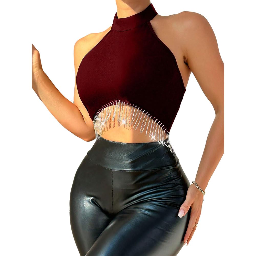 tivante Solid Women Halter Neck Sleeveless Latest Stylish Western Ribbed Tank Crop Tops with Rhinestone Fringe-picture-34