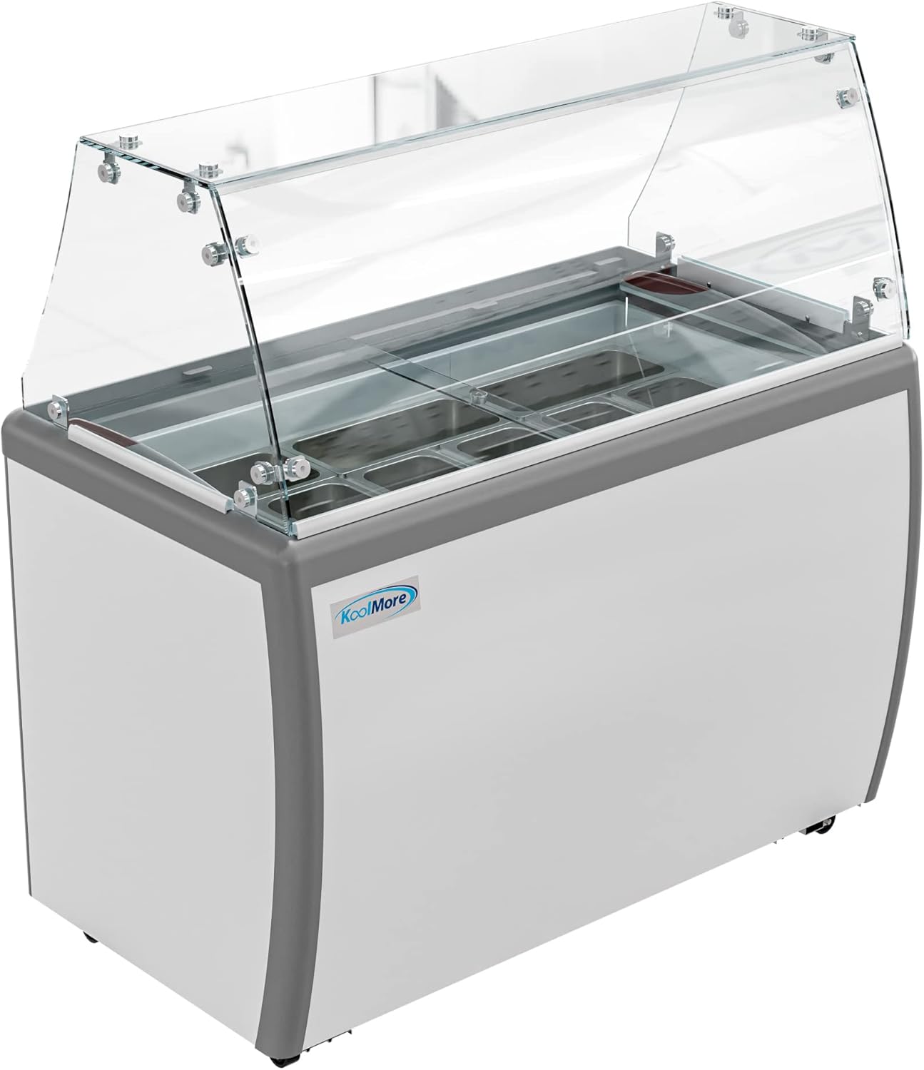 KoolMore Commercial Gelato Dipping Cabinet with Protective Sneeze Guard, Clear Display Case with a Large 9-Pan Capacity, Rolling Wheels and Lockable Breaks