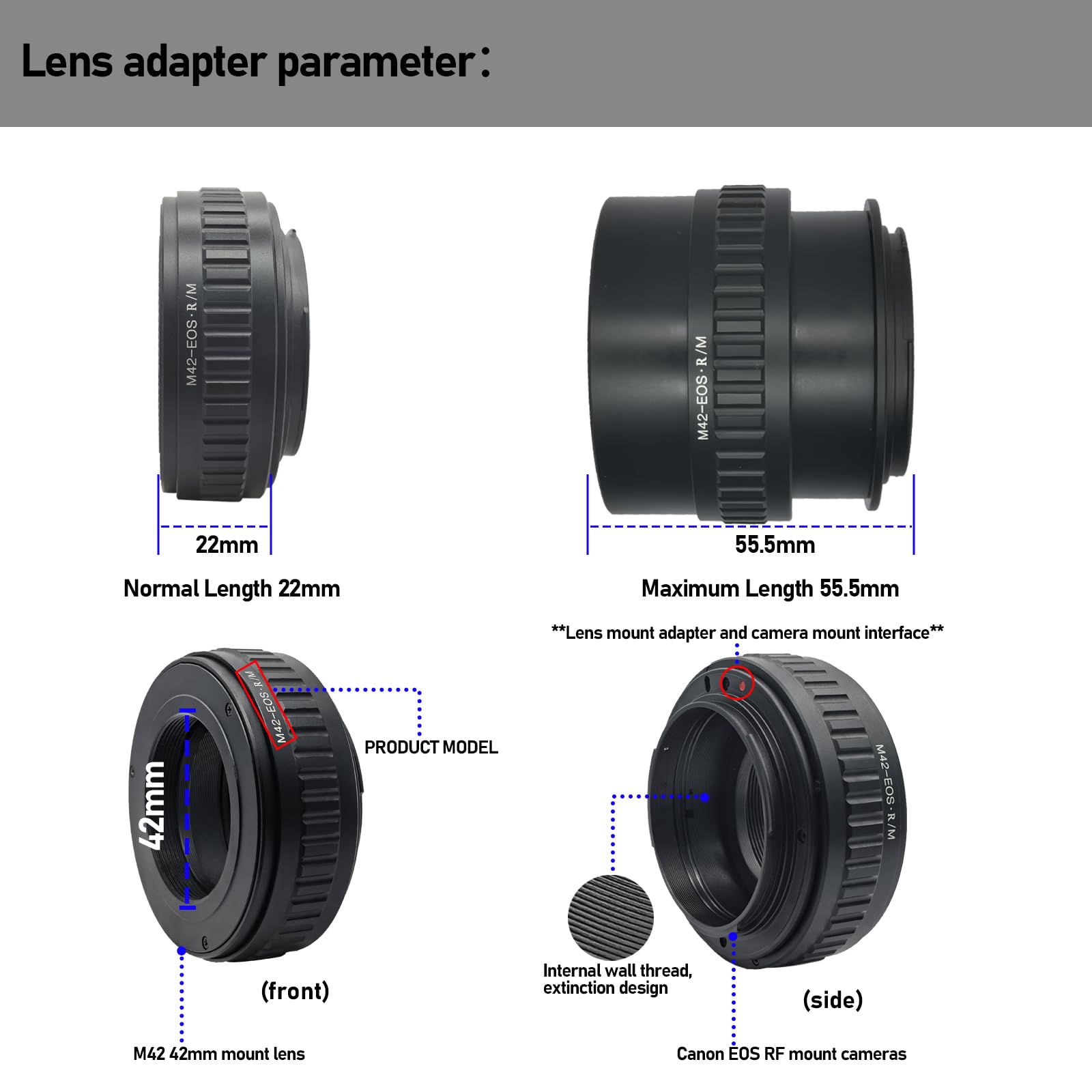 Adattatore obiettivo M42-EOS R Macro 42x1mm Mount EF R-Mount EFS RF RP - Dettaglio