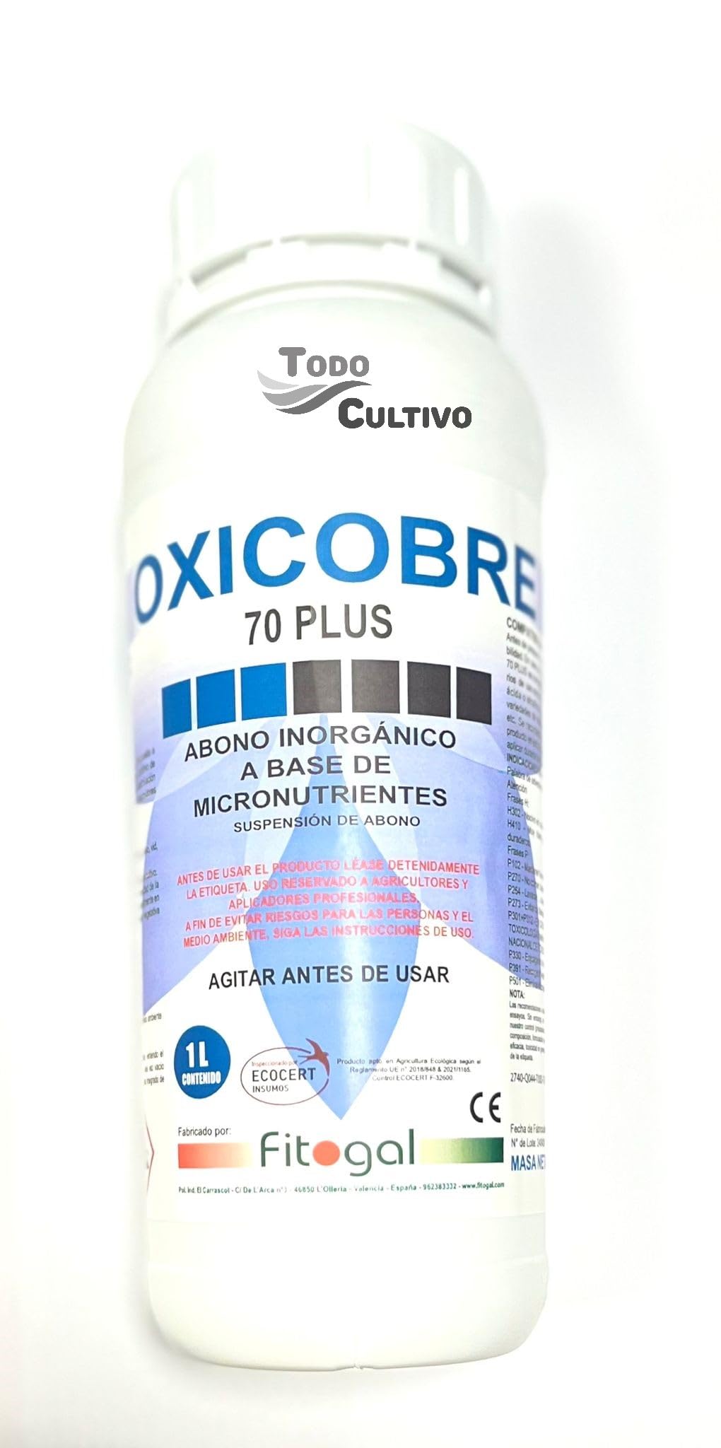 Oxicloruro de cobre 70% en 1 litro. Cobre liquido de color azul para tratamientos foliares de olivo, hortalizas... tomates, pepinos