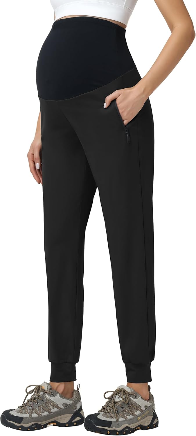 Foucome Women's Maternity Pants Quick Dry Zipper Pockets Athletic Joggers Casual Pregnancy Sweatpants