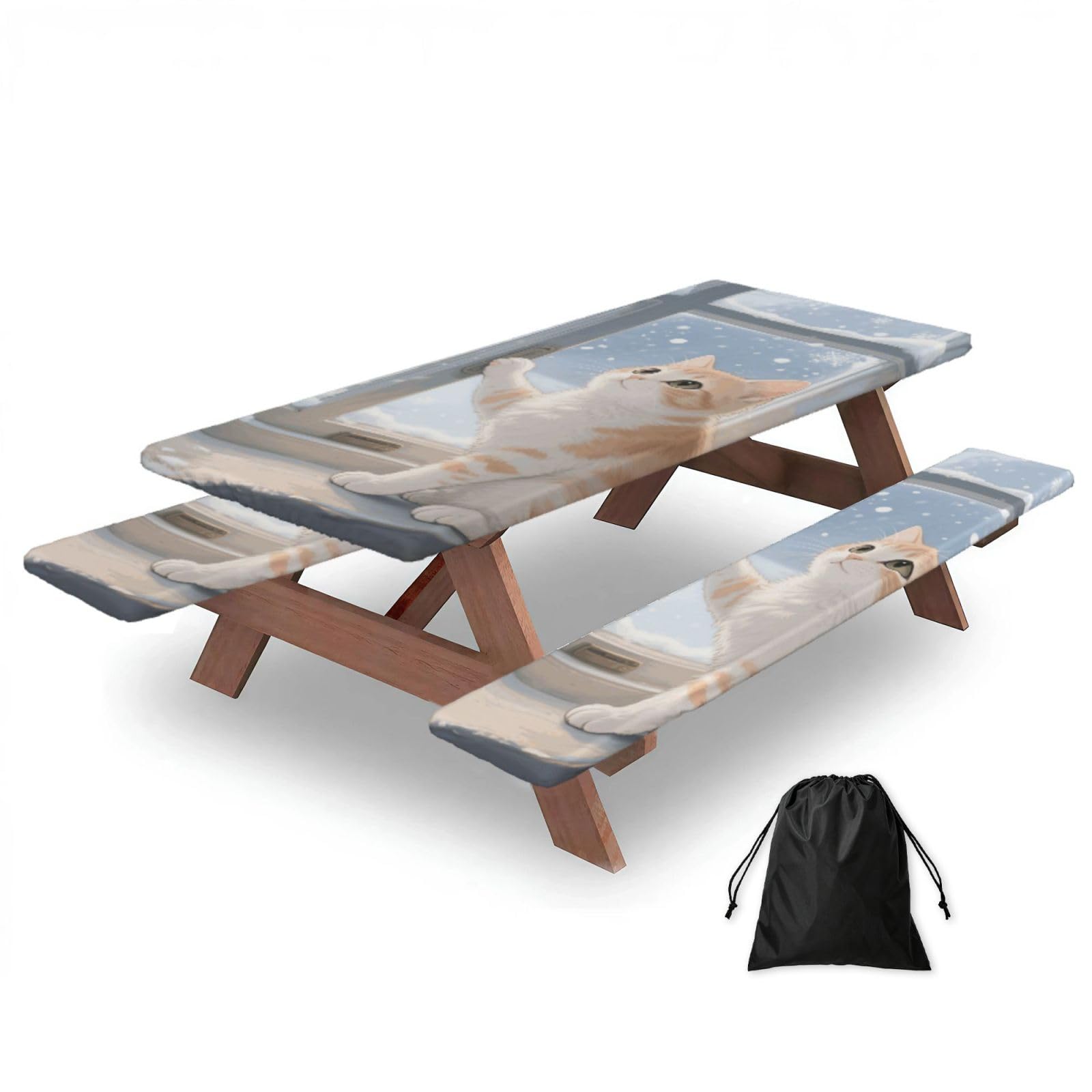 FekiLoot Cute Cat Picnic Table Cover with Bench Covers and Bag, Windproof Waterproof Rectangle Tablecloth with Elastic Edges Fitted Camping Table Covers Portable Camping Accessories