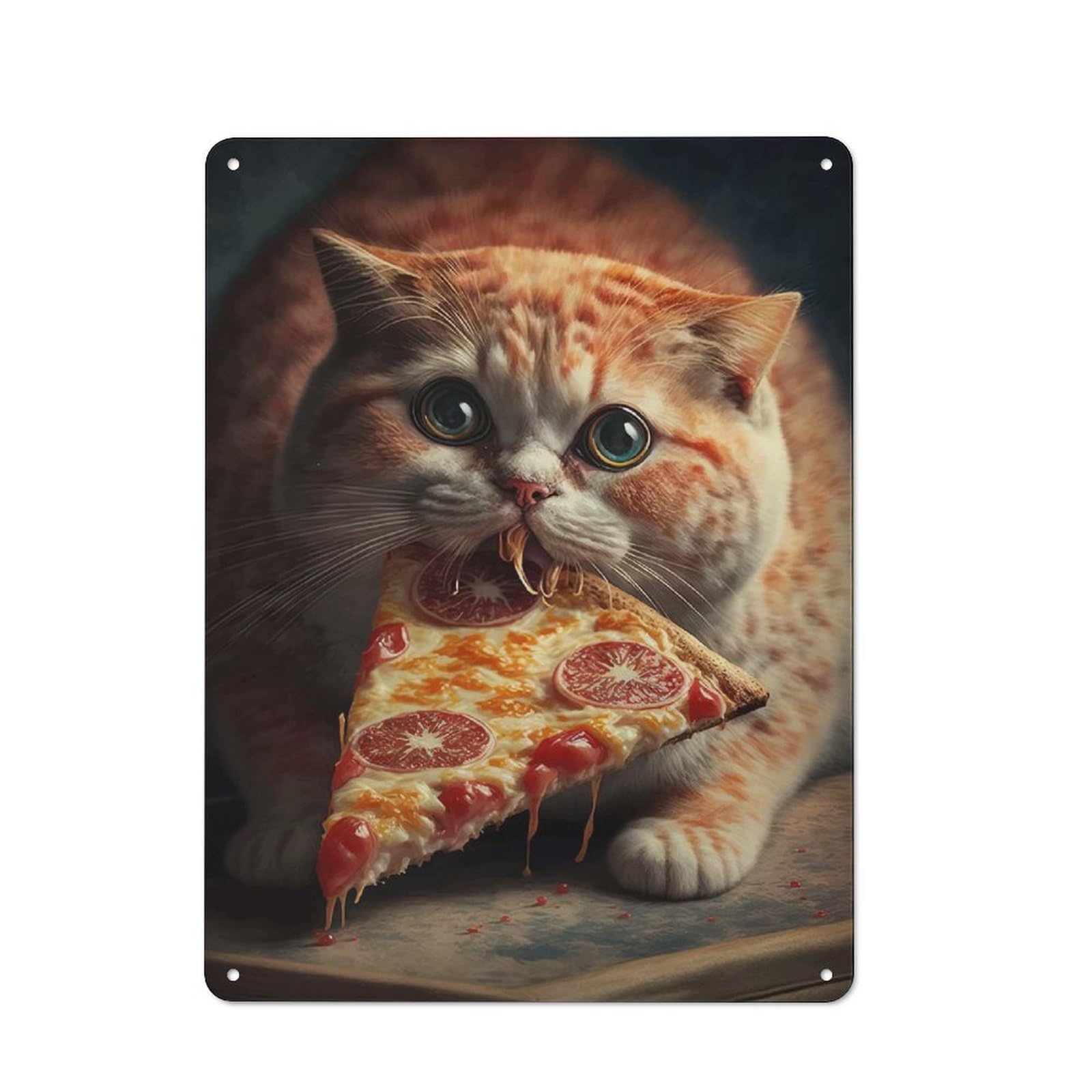 Junmoney Funny Cat Eating Pizza Rustic Tin Wall Plaque 40X30cm Featuring For Pub Or Café, A Decorative Christmas Gift For Café Interior Fans