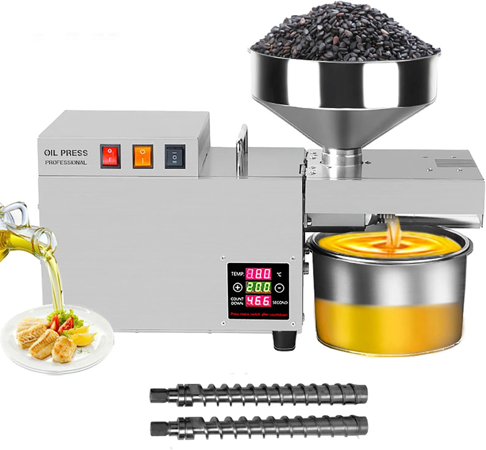 Oil Press Machine for Home,1200W Stainless Steel Commercial Hot/Cold Automatic Oil Extractor, 0-240 ℃ Temperature Control,15-25 kg/h,Oil Yield 90%,for More Than 30 Kinds of Oils