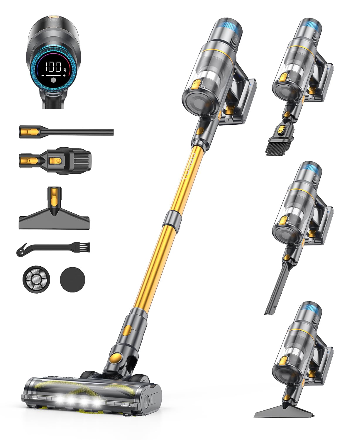 aonus A9S 45Kpa/580W/70Mins Aspirapolvere senza Fili, Scopa Elettrica senza Fili Potente con Autoportante, LED Touchscreen, Anti-Avvolgimento per Peli Animali/Pavimento/Tappeti