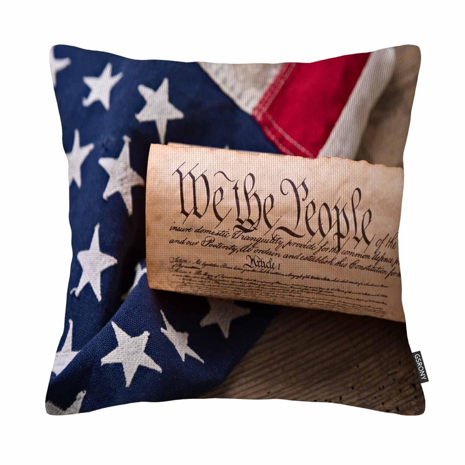Gsrony Green American Throw Pillow Covers United States Constitution Rolled American Flag Wooden Board Pillow Case 18X18 Inches